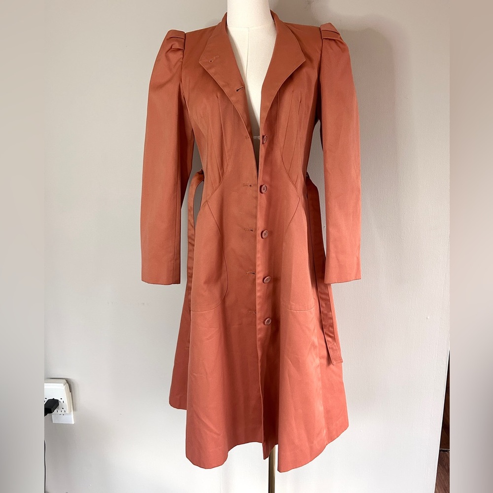 VINTAGE PBD INTERNATIONAL 90s Rust Belted Trench Coat Dress Parisian Retro Small - Picture 3 of 13